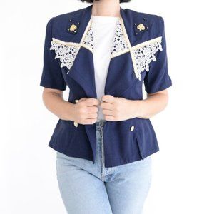Lace & Co by Nelly Navy with Lace Detail Crop Button Blazer 7/8